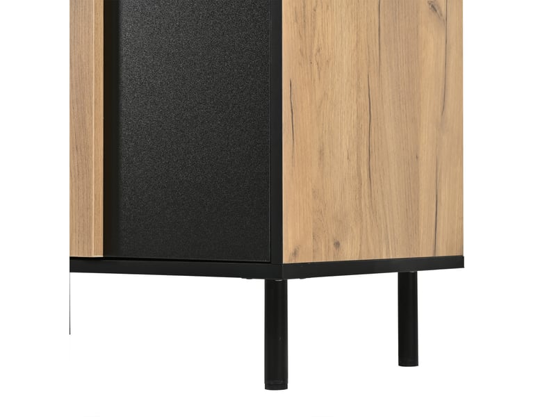  Buffet moderne 140 × 35 × 70 cm, 3 portes et 3 tiroirs, meuble en mdf noir et effet bois sur 6 pieds métalliques  - Conforama W