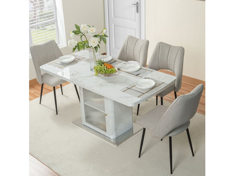  Table à manger rectangulaire extensible 120-160x80x76 cm, rangement, plateau effet marbre, mdf métal verre, blanc  - Conforama B