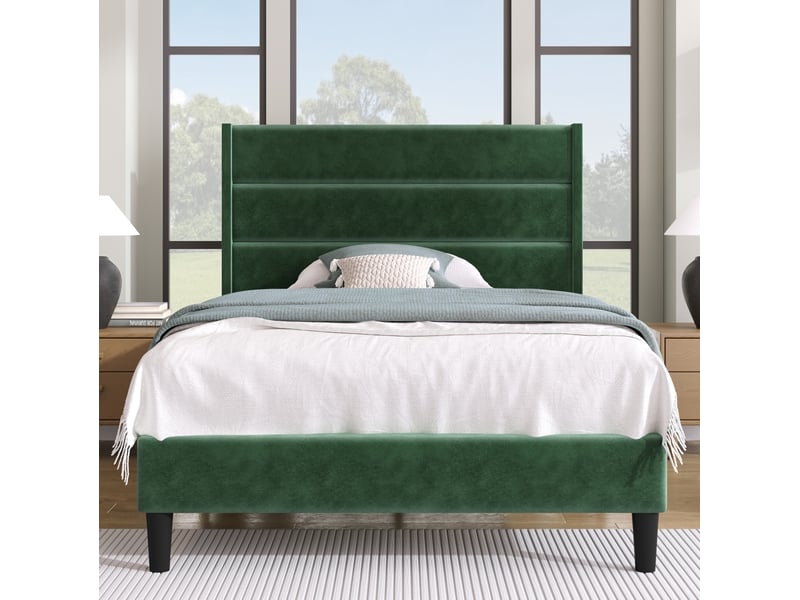  Lit 1 place 90x200 cm avec sommier et tête de lit en velours vert foncé  - Conforama D