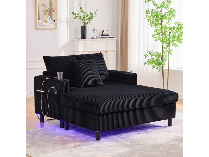  Méridienne avec ports usb, éclairage led et porte-gobelets, design ergonomique en velours côtelé noir  - Conforama B