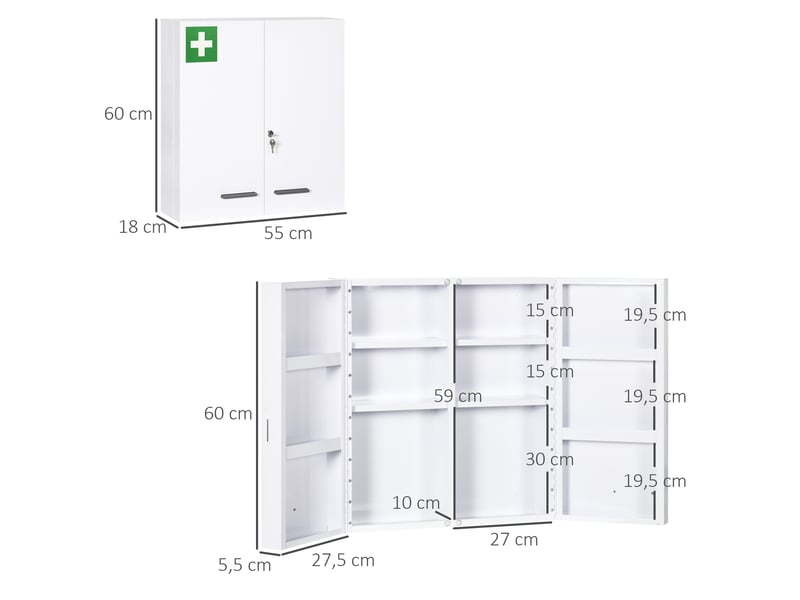  Armoire à pharmacie 6 étagères avec serrure et 2 clés de sécurité, blanc, 55x18x60 cm  - Conforama C
