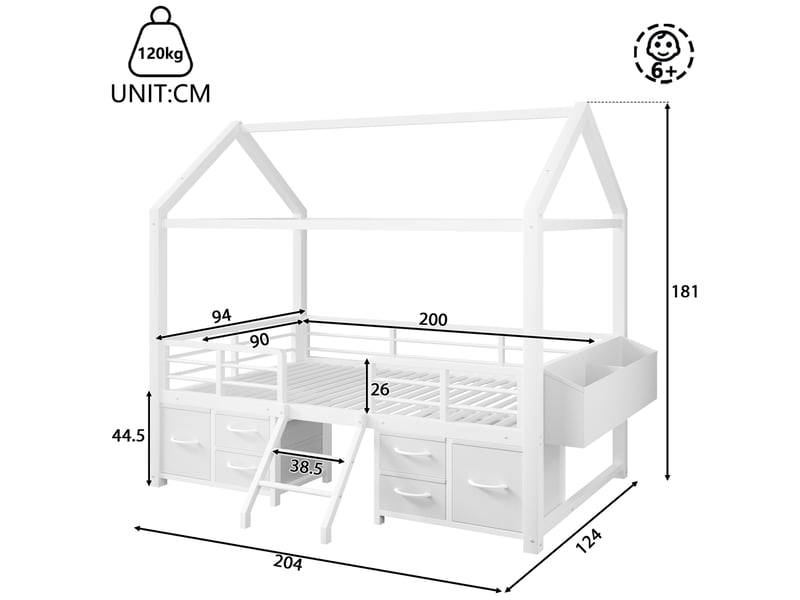  Lit mezzanine enfant 90x200 cm blanc en métal et mdf, rangements en tissu et led décorative, sans matelas  - Conforama C