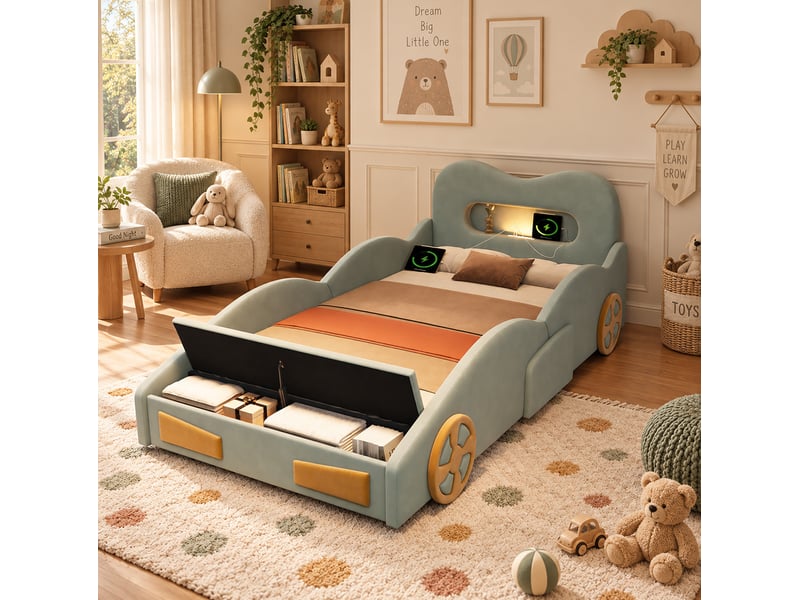 Lit enfant voiture 90x200 cm avec rangement, liseuse et prise de charge en velours vert - Conforama C