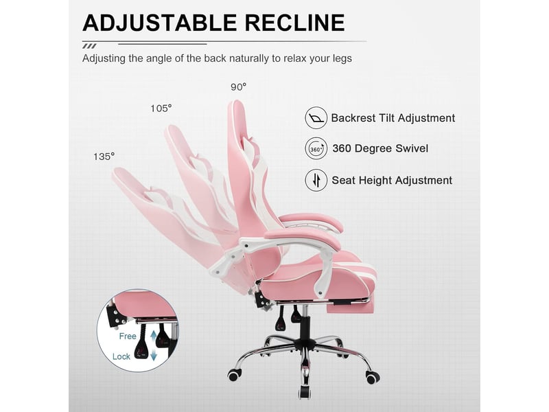  Gtplayer chaise de jeu ergonomique avec repose-pieds, réglable en hauteur - similicuir rose GT800A-PK - Conforama D