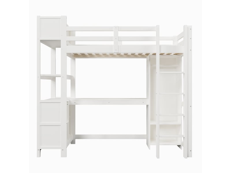 Lit mezzanine,90 x 200 cm,avec étagères, multiples compartiments de rangement, bureau et armoire, blanc - Conforama A