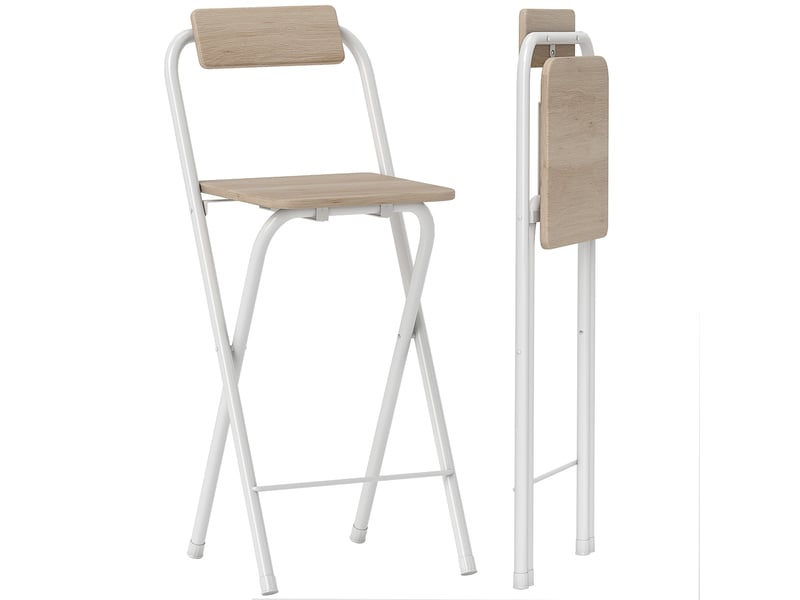  Ensemble de 2 tabourets de bar pliants avec dossier, repose-pieds et structure en acier pour comptoir de salle à manger, couleur naturelle  - Conforama A
