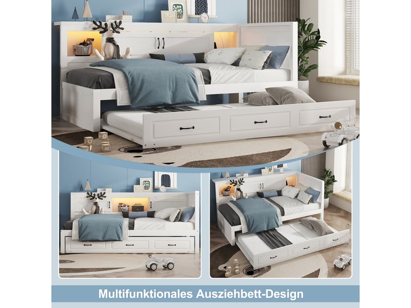  Lit banquette 90x200 avec lit gigogne et led, lit de jour blanc avec prises usb et rangement  - Conforama R