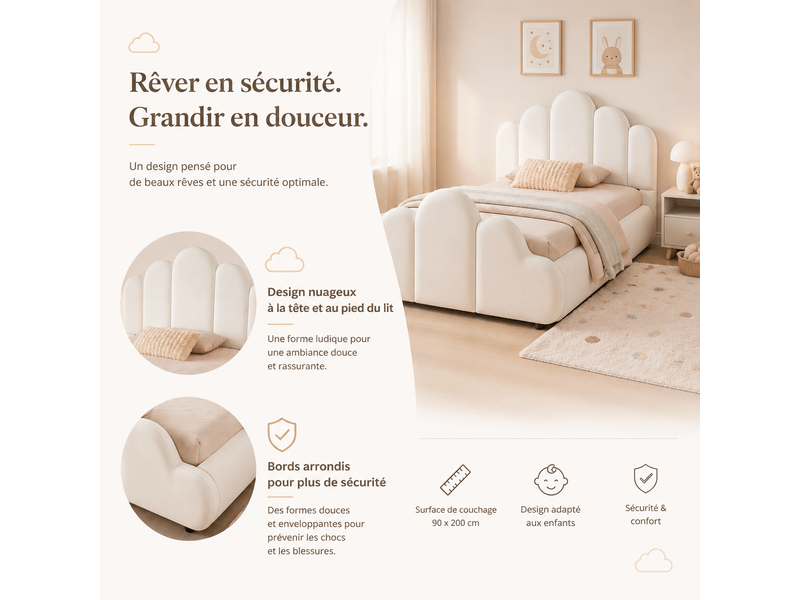 Lit enfant capitonné 90x200 cm, tête de lit rembourrée, coins arrondis, velours, beige - Conforama D