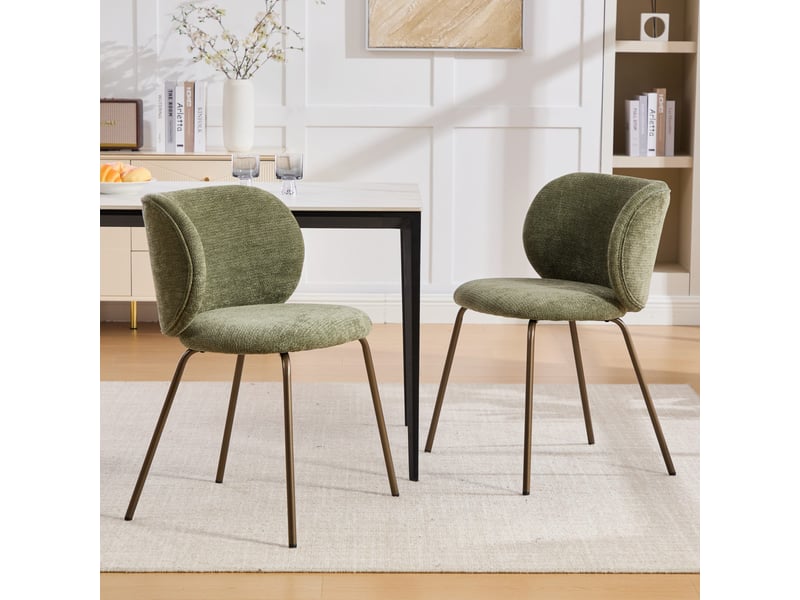  Lot de 2 chaises chenille vertes – dossier courbé et rembourré – piètement métal bronze – style contemporain  - Conforama B