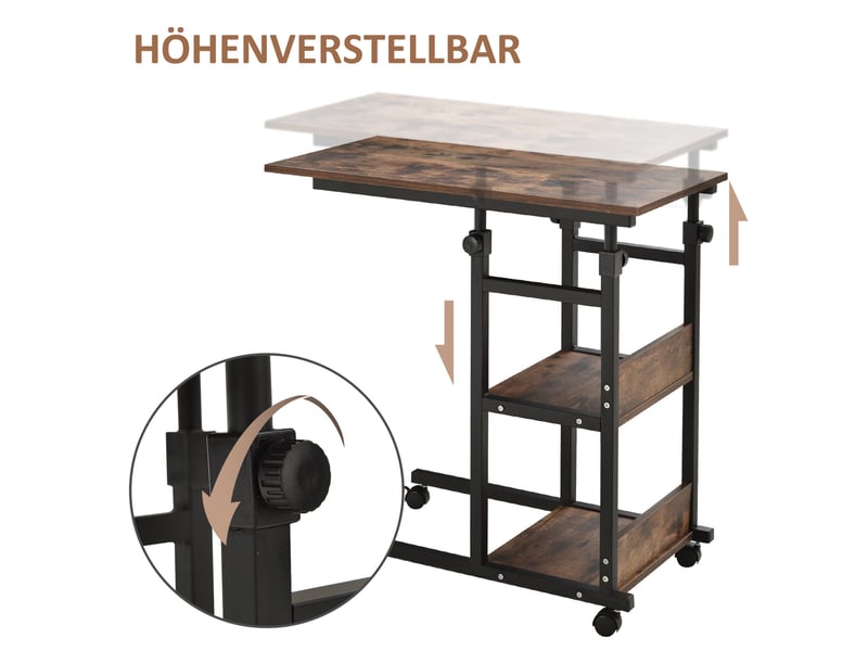  Table d'appoint ulevr réglable en hauteur sur roulettes 80 x 40 cm, 3 niveaux, métal et panneau de bois composite marron  - Conforama E