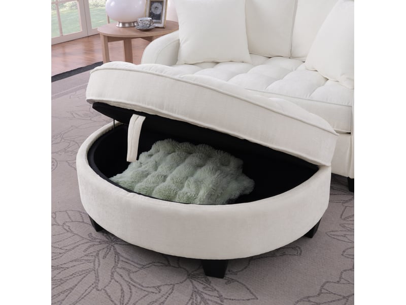 Canapé 1 place convertible 2-en-1 139,5x129,5x93 cm, pouf de rangement intégré, cadre en eucalyptus, chenille beige  - Conforama E