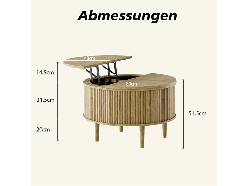  Table basse ronde relevable – 80x80x 51.5 cm – plateau relevable &amp; double coffre – bois - naturel  - Conforama C