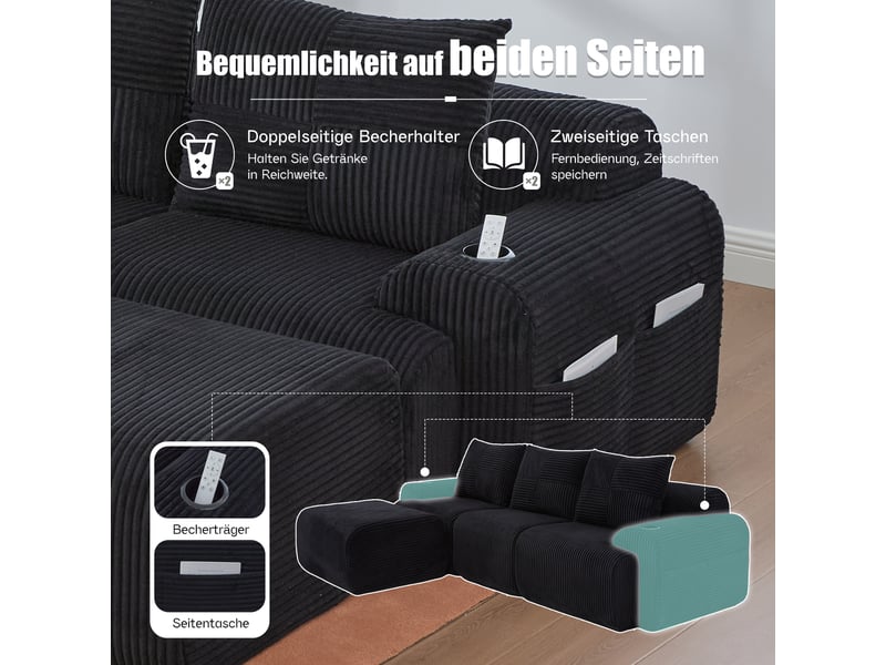  Canapé modulable, canapé de salon — en velours tricoté, porte-gobelets, noir  - Conforama W