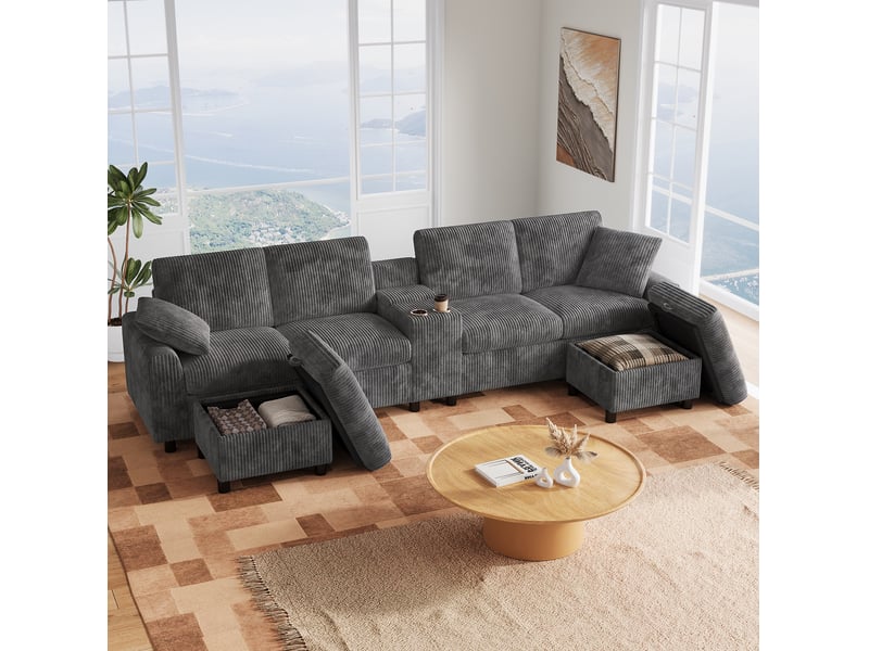 Canapé en u modenvie 4 places en velours côtelé gris avec 2 poufs de rangement et table centrale 315 x 135 x 81 cm - Conforama B