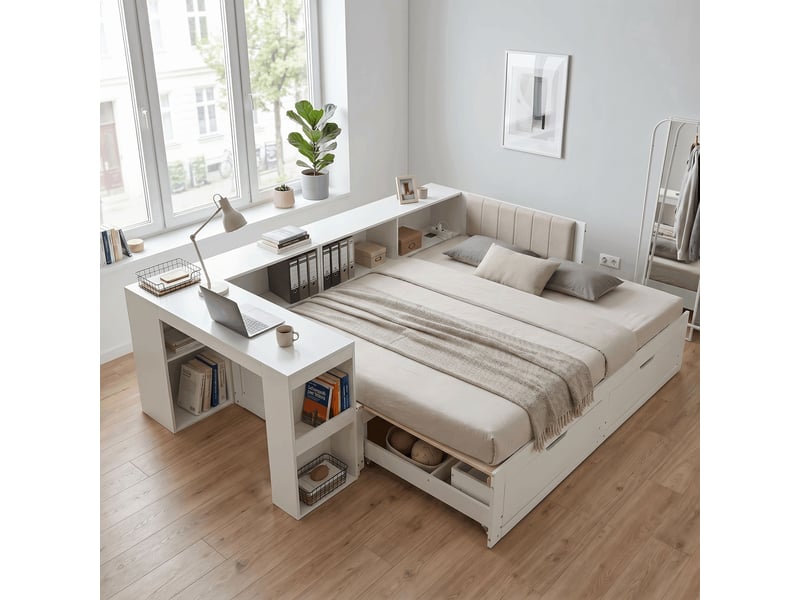  Lit multifonction 180x200 cm avec bureau intégré, rangements et tiroirs, lit banquette en bois avec tête de lit rembourrée - blanc  - Conforama B