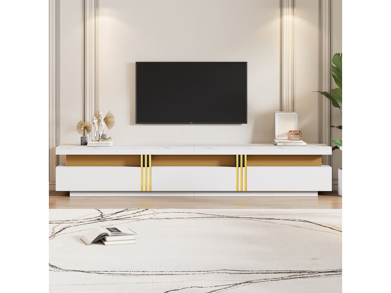 Ensemble meuble tv blanc et table basse, effet marbre brillant et détails dorés, rangement moderne avec 5 tiroirs pour salon - Conforama D