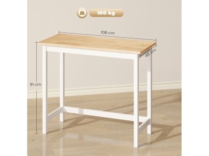 Table de bar pour 2 personnes avec plateau rectangulaire en bois d'hévéa, chêne naturel et blanc, 108 × 48 × 91 cm - Conforama C