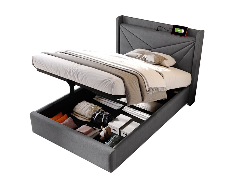  Lit coffre enfant 90x200 cm, espace de rangement, usb type-c et sommier, coton lin gris, sans matelas  - Conforama A