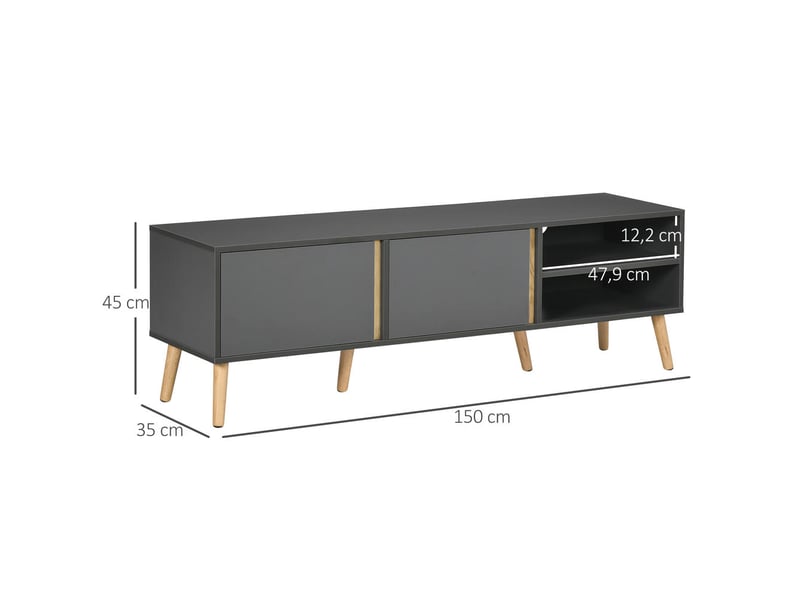  Meuble tv bas salon scandinave pour écran jusqu'à 55 pouces table télé 2 portes 2 niches 150x35x45 cm gris anthracite bois  - Conforama D