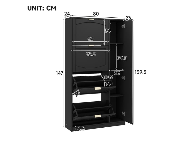  Meuble à chaussures miroir 80 x 24 x 147 cm, 4 compartiments rabattables, étagère réglable derrière la porte droite, pour entrée, noir  - Conforama C