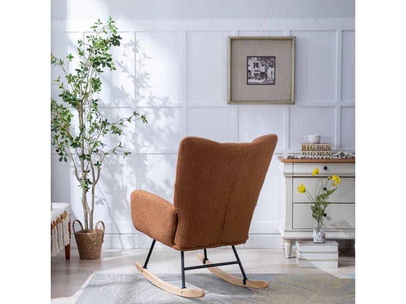  Fauteuil à bascule en tissu teddy avec poche, fauteuil berçant doux pour chambre d’enfant, dossier oreilles en bois massif, salon, marron  - Conforama E