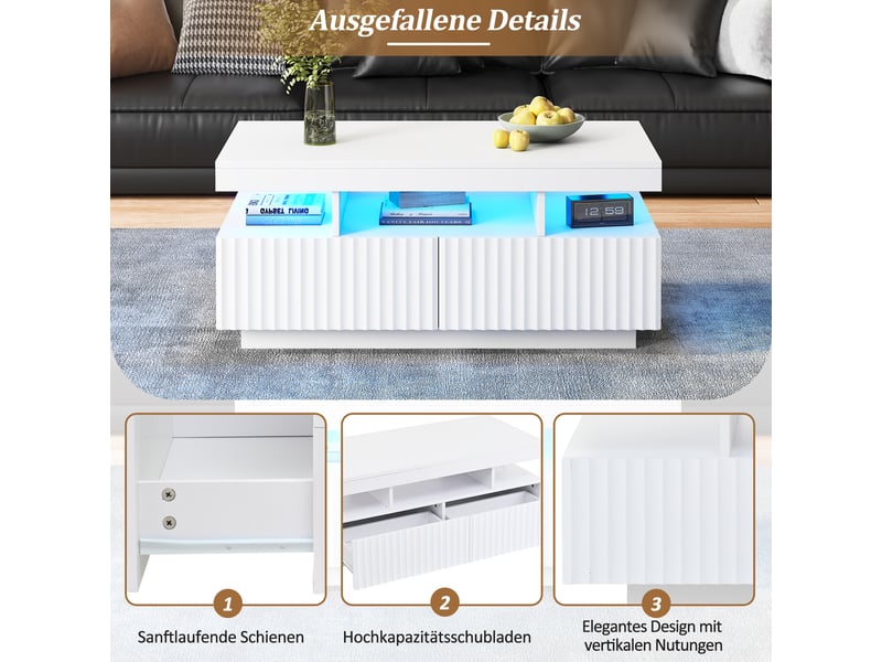  Table basse avec éclairage led 100x50x45 cm 2 tiroirs rayures verticales blanc  - Conforama D