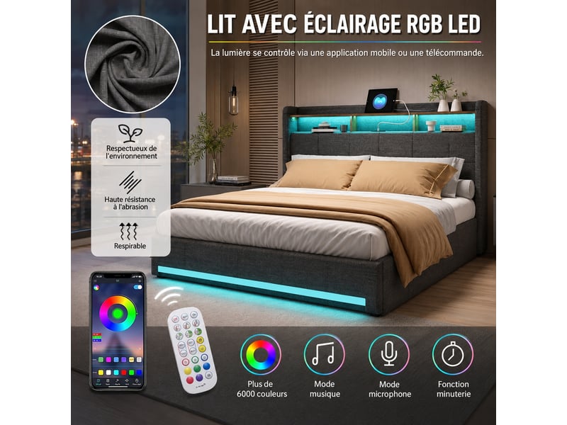  Lit avec rangement 140x190 cm - lit coffre capitonné avec led et usb - lit adulte avec 4 tiroirs - lit 2 places avec sommier à lattes - lin gris  - Conforama R