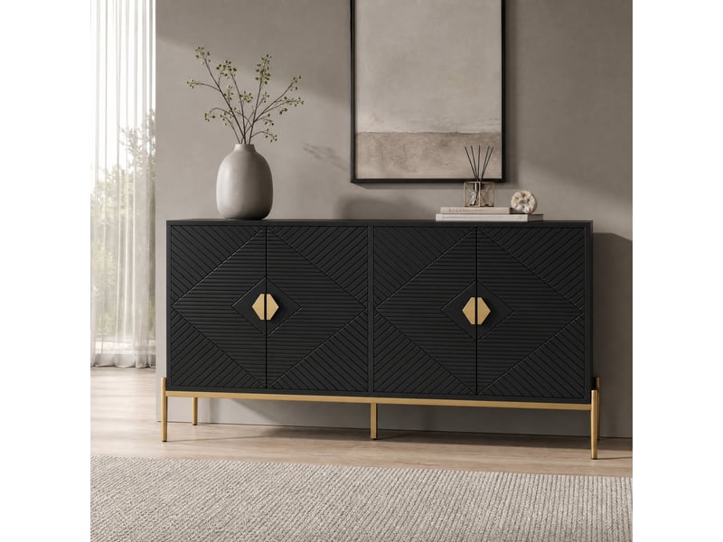 Buffet 4 portes avec rangement - lpospi - façades géométriques, pieds métal, mdf noir 162 × 40 × 80 cm - Conforama C