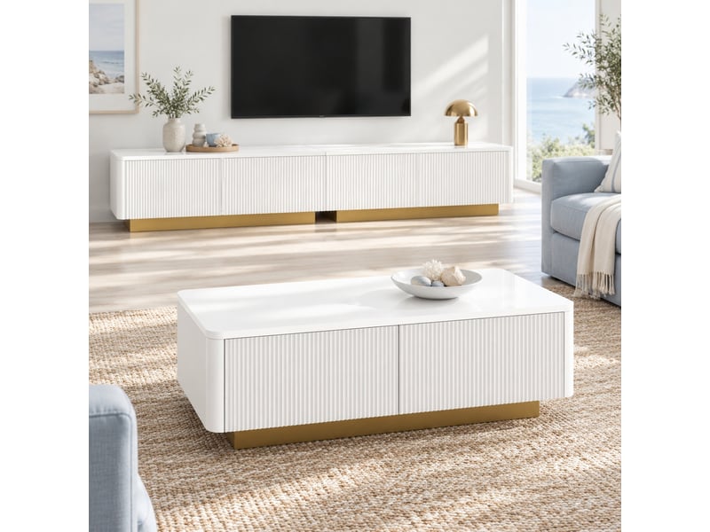 Ensemble meuble tv et table basse avec rangements et façades rainurées avec des socles dorés pour salon en mdf blanc - Conforama C