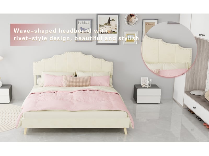 Lit 160x200 cm tête de lit géométrique, métal, beige sans matelas  - Conforama D