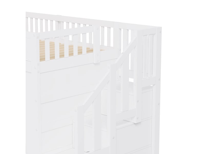  Lit mezzanine 90x200 cm en bois de pin avec escalier de rangement, éclairage led et barrières de sécurité, blanc  - Conforama E