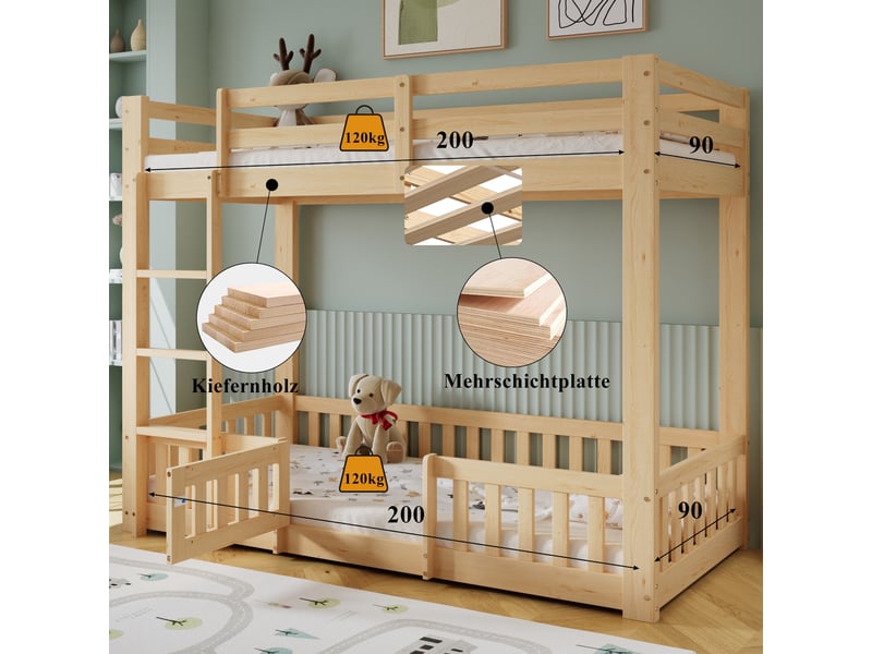  Lit superposé enfant en bois de pin naturel avec escalier droit, porte et barrières de sécurité, espace libre sous le lit, 90x200 cm  - Conforama C