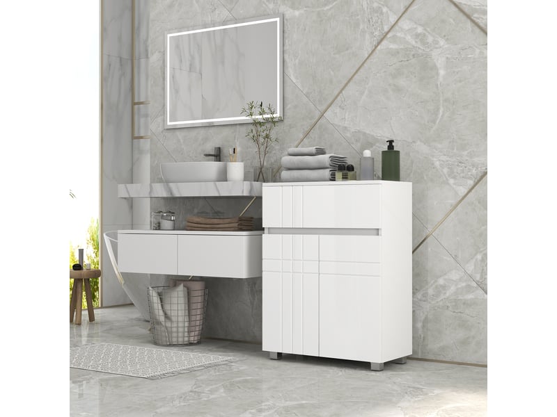  Meuble de rangement pour salle de bain sur pied placard 2 portes 1 tiroir, blanc laqué, étagère régable  - Conforama D