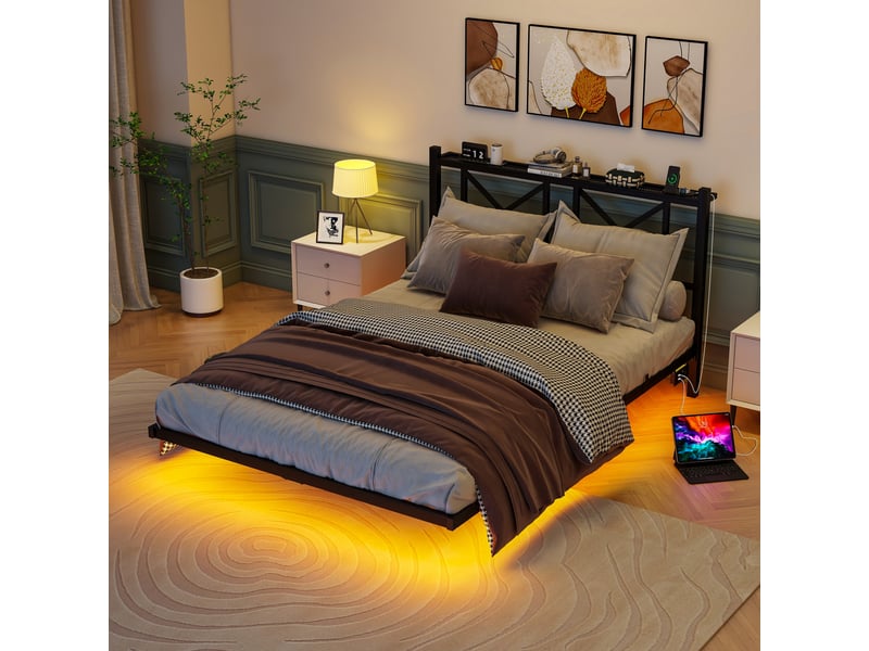 Lit métal 140 × 200 cm 2 places avec led réglable, station de charge usb, tête de lit avec rangement, sans matelas - Conforama C