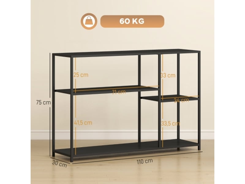 Console noire avec 4 étagères et cadre acier 110x30x75 cm pour entrée et salon - Conforama D