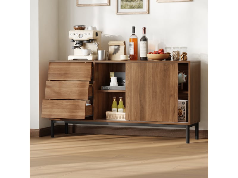  Buffet 150x40x80 cm avec 3 tiroirs et 2 portes coulissantes, meuble de cuisine avec plan de travail pour salon et salle à manger, en mdf, effet noyer Seren Glow - Conforama B