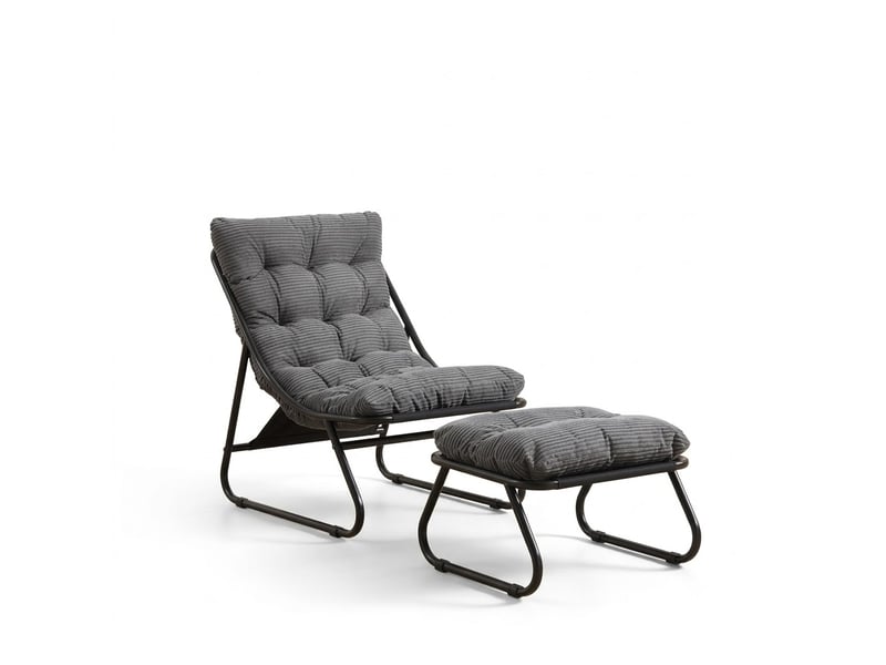  Fauteuil de jardin avec repose-pied - 65x78x86cm - chaise lounge relax avec coussin moelleux - acier &amp; velours côtelé - gris  - Conforama A