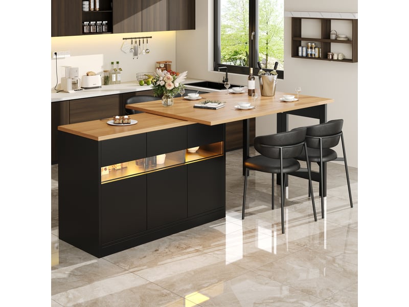  Îlot de cuisine extensible 120-180 cm, meuble bar rotatif 360° avec rangement, portes vitrées et led, mdf - marron foncé  - Conforama D