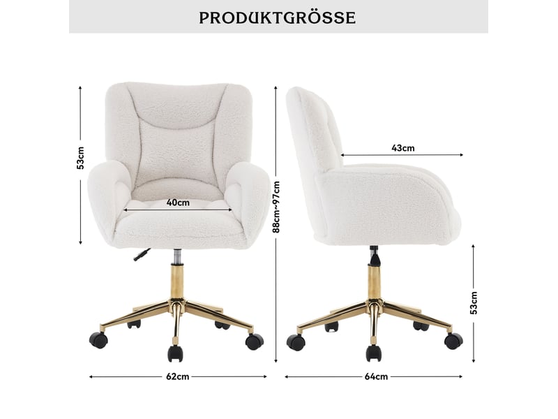  Chaise de bureau blanche en tissu teddy, base métal dorée réglable et roulettes 360° pour le télétravail  - Conforama C