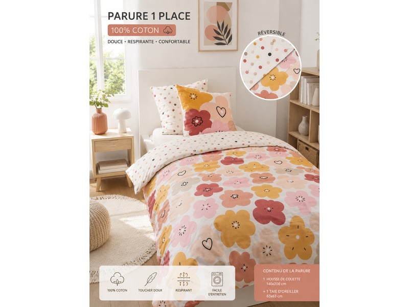  Parure de lit 2 pièces 140 x 2parure de lit réversible 2 pièces 140 x 200 cm coton imprimé poppy00 cm coton imprimé poppy 15067 - Conforama D