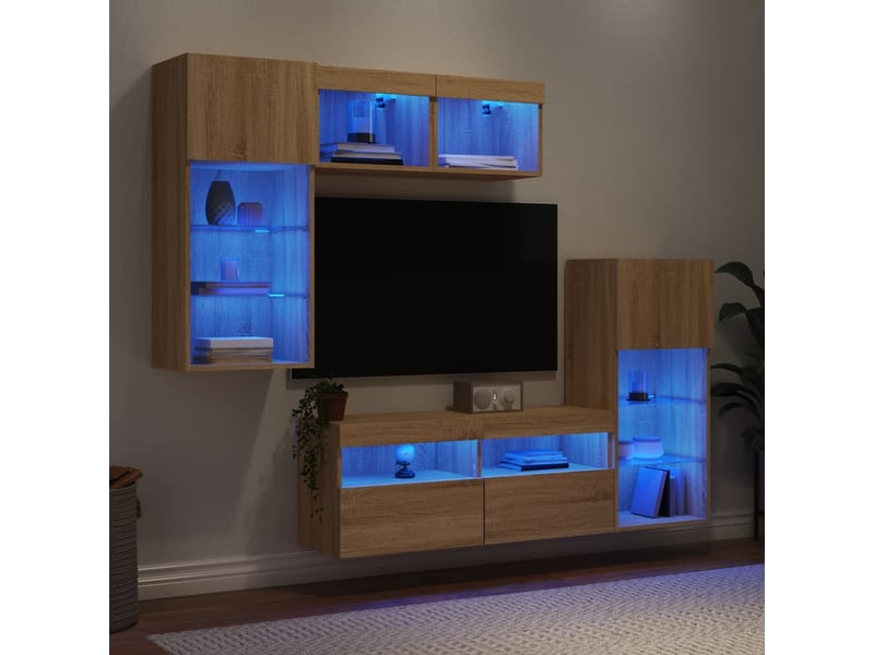 Meuble tv - unités murales tv avec led 5 pcs chêne sonoma bois d'ingénierie - Conforama B