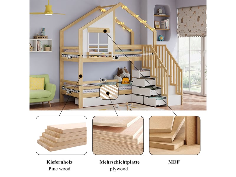  Lit superposé enfant 90 x 200 cm 2 tiroirs sur roulettes fenêtres décoratives échelle de sécurité mains courantes pin et mdf blanc et naturel  - Conforama C