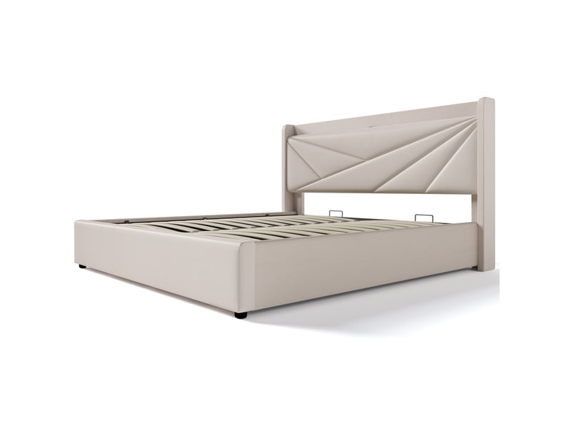 Lit 2 personnes 160x200 cm avec matelas, tête de lit en lin avec de recharge usb type-c, beige, lit double avec sommier à lattes - Conforama E