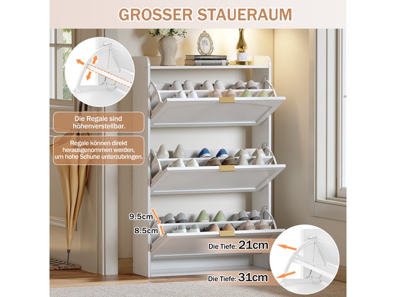  Meuble à chaussures blanc 76 × 23 × 118 cm, panneau de particules, 3 abattants, pour couloir et salon  - Conforama D