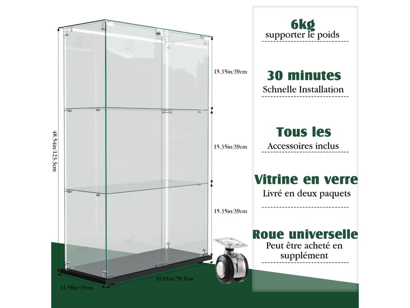  Vitrine en verre 3 niveaux double porte - noir - 78,5 x 35 x 123,5 cm - armoire d'exposition avec ruban led et base noire  - Conforama B