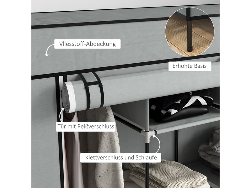  Armoire penderie textile 2 tringles, 10 compartiments et 4 tiroirs - lpospi - housse zippée acier gris foncé  - Conforama E