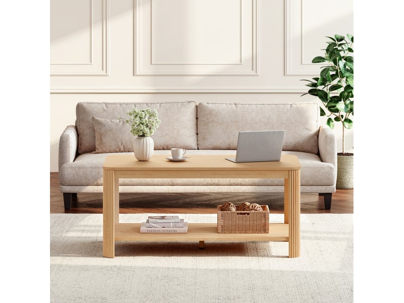  Table basse 2 niveaux ouverts, plateau rectangulaire à bords arrondis, panneau de particules naturel, 100 × 50 × 45 cm  - Conforama B