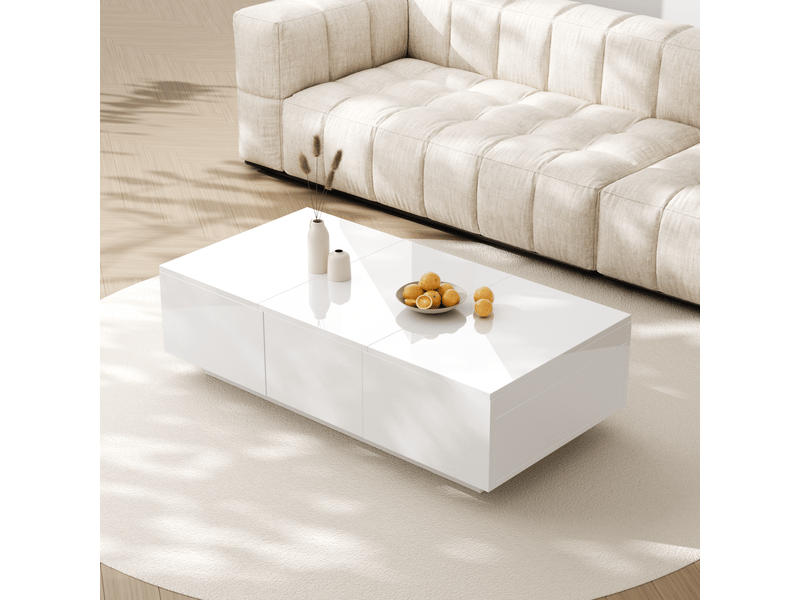  Table basse 100x50x31 cm à plateaux coulissants, 2 tiroirs et rangements cachés, panneaux de particules brillants, blanc ABC - Conforama D