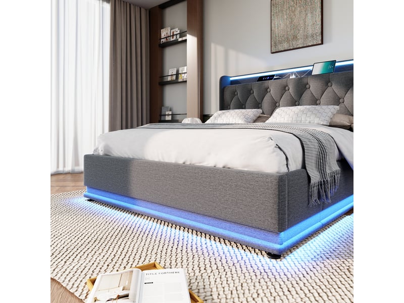  Lit double 160x200 cm gris tissu led 360°, usb-c, télécommande, coffre hydraulique, sans matelas  - Conforama D