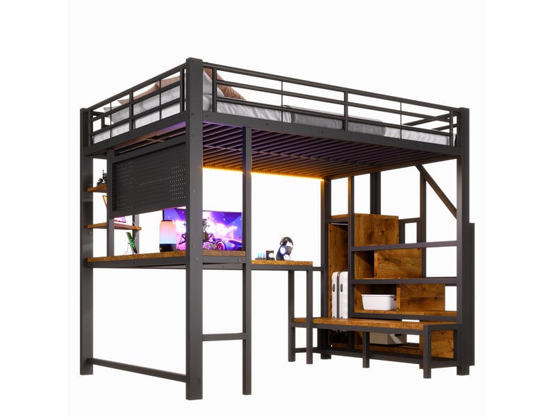  Lit mezzanine 140x200 cm avec bureau, rangements, led, usb et usb-c, noir  - Conforama A